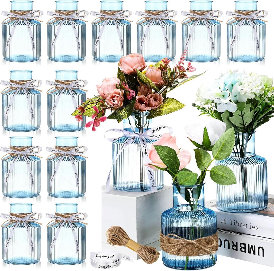 Bokon 12 Pcs 5" Plastic Bud Vases with Ribbons and Twines Small Centerpieces Vases Flower Plant Growing in Water Vases for Wedding Holiday Housewarming Tables Decoration Event Bulk Packaging(Blue)
