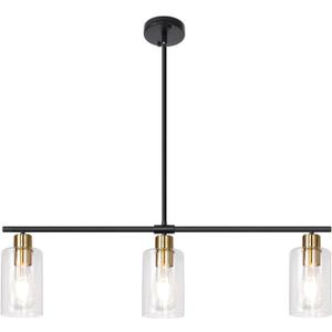 KMaiPem Kitchen Island Lighting, 3 Lights Linear Farmhouse Chandelier, Black and Gold Dining Room Light Fixture with Glass Shades, Modern Industrial Pendant Lights