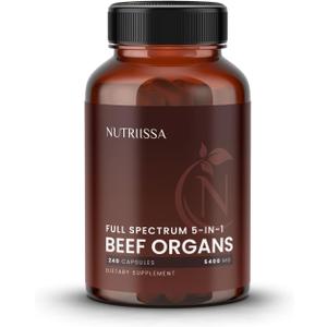 Nutriissa Full-Spectrum Beef Organ Capsules 5400 mg  Grass-Fed Liver, Heart, Kidney, Spleen & Pancreas  EPEB Certified for Purity & Potency  240 Capsules, BBD: 01/14/2028