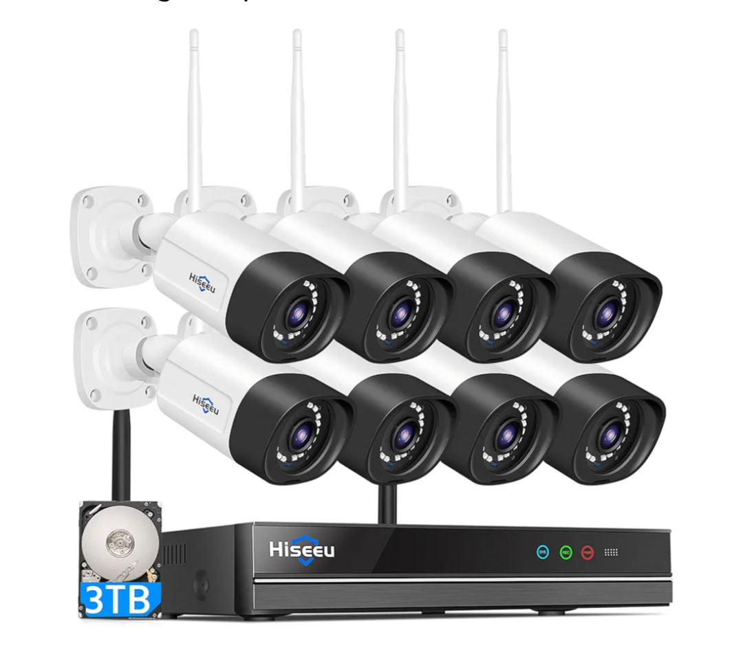 Hiseeu Wireless Security Camera System Outdoor, 5MP WiFi Camera for Home, 16CH WiFi-Pro 8 Cam-Kit, 2-Way Audio, Color Night Vision, IP66 Waterproof, 3TB Storage, 24/7 Recording, No Monthly Fe