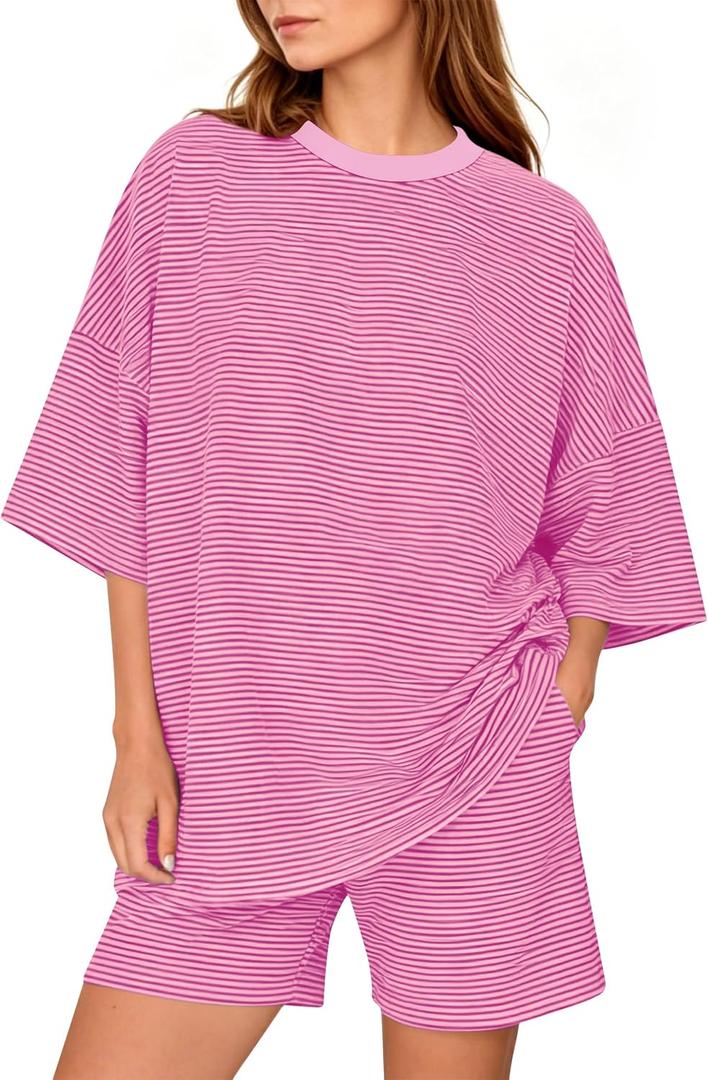 MSBESYOR Women 2 Piece Striped Lounge Set Short Sleeve Pajamas Shorts Sets Large, Pink 