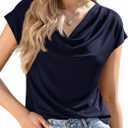 PRETTYGARDEN Womens Tops Dressy Casual Clothing 2026 Summer Cowl Neck Short Sleeve Blouses Spring Business Work Office Shirts (X-Large, Navy Blue)