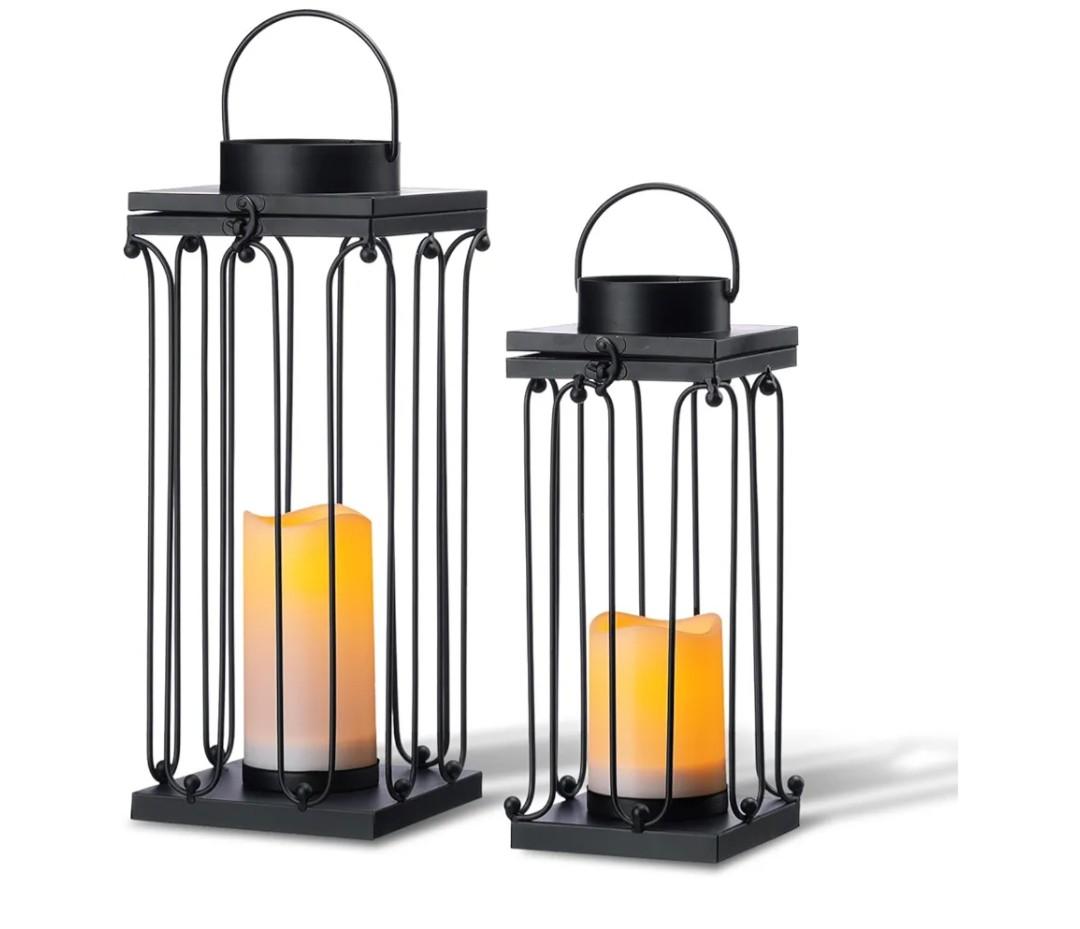 Solar Lantern Decorative Outdoor Set of 2 (18’’ & 15’’) Modern Black Metal Lanterns with Solar Candles, Decorative Candle Lanterns for Outdoor Porch, Patio, Garden, Yard Decor