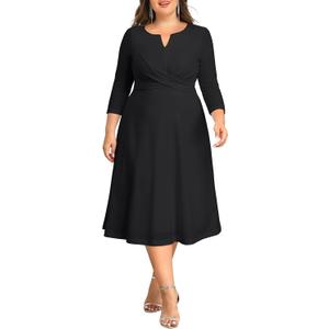 Plus Size Wedding Guest Dress - Church Midi Fall Semi Formal 3/4 Sleeve V Neck A-line Dress for Women 2025 16W