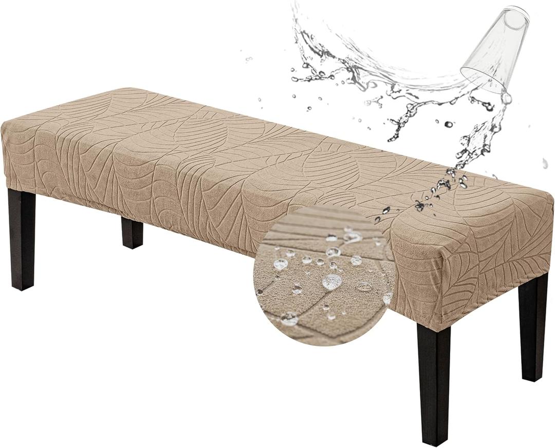 Genina Stretch Jacquard Dining Bench Cover - Anti-Dust Removable Bench Slipcover Washable Bench Seat Protector Cover for Living Room, Bedroom, Kitchen-Khaki (Macrophyte)