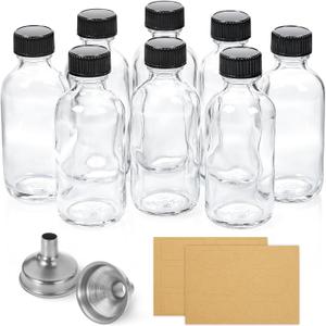 8 Pack, 2 oz Small Clear Glass Bottles w/ Lid & 2 Stainless Steel Funnels - 60ml Boston Sample Bottles - Mini Travel Essential or Decorative Bottles for Potion, Juice, Wellness, Ginger Shots, Whiskey