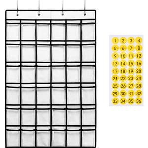 36 Clear Pockets Classroom Pocket Chart for Cell Phones, Pocket Chart for Calculator Phone Holder with 36 Number Stickers and Hooks (White)