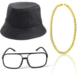 Beelittle 80s/90s Hip Hop Costume Kit Cool Rapper Outfits,Bucket Hat Sunglasses Gold Plated Chain