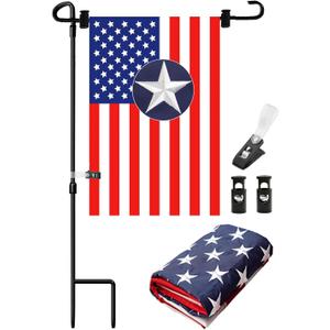 Garden Flag Stand with 12 x 18 Inches American Flags, Garden Flag Pole Holder with 1 Tiger Clip and 2 Spring Stoppers for Garden Flags Outdoor Decoration