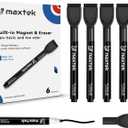maxtek Magnetic Black Dry Erase Markers, 6 Count Fine Tip Whiteboard Markers with Eraser, Thin Markers Low Odor for Classroom, Office, Home