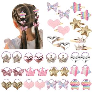 BQUBO 36 Pcs Toddler Hair Ties Clips for Girls Cute Hair Accessories Baby Sequins Butterfly Ties Clips Colorful Snap Hairpins Rubber Bands for Baby Toddler Girls Kids