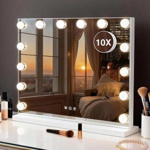 Vanity Makeup Mirror with Lights,Hollywood Vanity Mirror with 3 Color Modes,Lighted Vanity Mirror with Dimmable LED Bulbs &10X Magnification for Desk,Bedroom,Tabletop (White, 20.5" x 15.7")