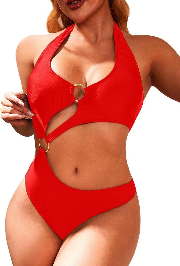 Women One Piece Swimsuit Slimming Cutout Fashoin Swimwear Metal Ring Bathing Suit Female Beachwear (X-Large, Red)