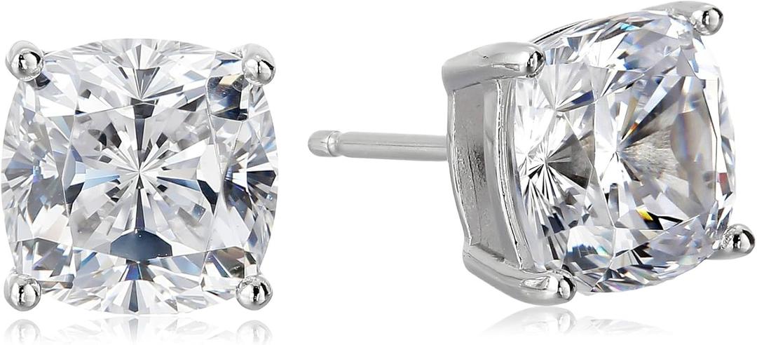 Amazon Essentials Platinum Plated Sterling Silver Cushion Cut Cubic Zirconia Stud Earrings (previously Amazon Collection) (8.5 mm)
