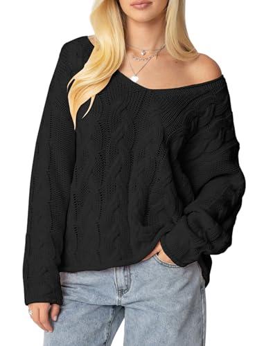 ZAFUL Womens V Neck Off The Shoulder Sweater Long Sleeve 2025 Oversized Cable Knit Casual Pullover Tops Black S