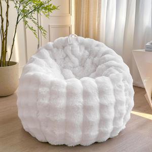 Kids Fluffy Faux Rabbit Fur Bean Bag Chair Cover (No Filler), Soft Luxury Fuzzy Stuffed Animal Storage Bubble Bean Bag Home Decoration, Comfy Shaggy Furry Beanbag Cover Kids Adults, White