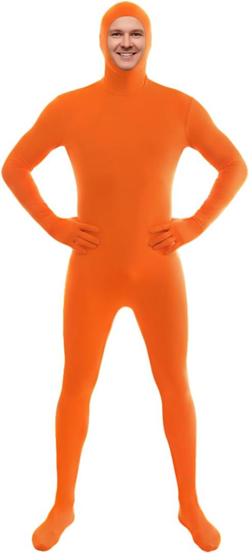 ERCAUX Orange Bodysuit Set for Men's & Women's - Stretchy Spandex Orange Open Face Bodysuit Halloween Cosplay Zentai Costume (L)
