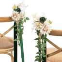 Ling's Moment 8 Wedding Aisle Pew Artificial Flowers Arrangements Emerald Tawny Beige for Ceremony Chair Back Floral Decorations with Chiffon Ribbons Reception Church Rose Faux Hanging Party Outdoor