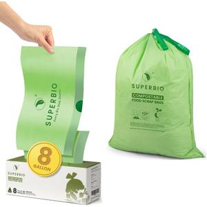 SUPERBIO 8 Gallon Compostable Drawstring Kitchen Waste Bags,30.3 Liter, 30 Count, 1 Mil,Heavy Duty Food Waste Bags, BPI, Seedling and OK compost INDUSTRIAL