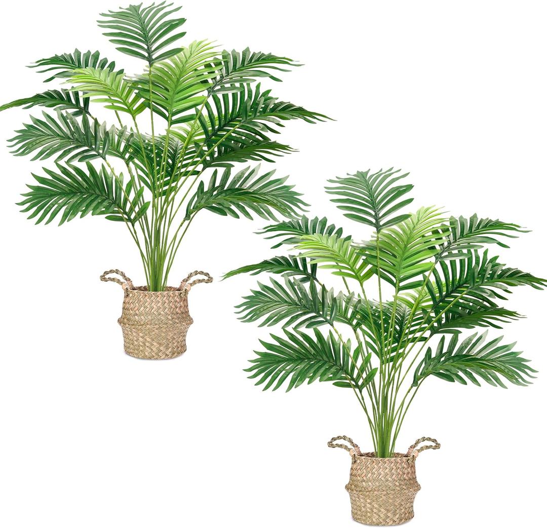 Der Rose 2Pcs Fake Palm Tree 28Inch Large Fake Potted Faux Areca Palm Plant with Hand-Woven Baskets with Handles for Indoor Outdoor Home Office Porch Balcony, Bedroom Decor