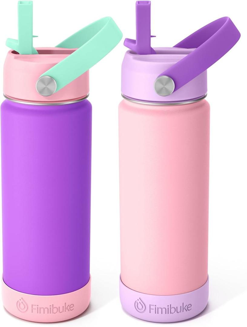 Fimibuke Kids Insulated Water Bottle - 18oz BPA-FREE 18/8 Stainless Steel Kids Cup with Straw Travel Tumbler Leak Proof Double Wall Vacuum Toddler Water Bottle for School Boys Girls (2 Pack, Macaron)