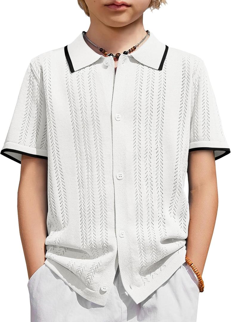 Arshiner Boys Button Down Shirt Short Sleeve Knit Shirt Summer Vintage Fashion Casual Beach Shirts for Kids 3-14 Years (9-10 Years, White)