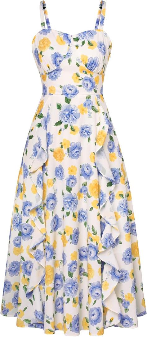Belle Poque Sun Dresses for Women Spring Summer Floral Midi Flowy Spaghetti Ruffle Wedding Guest Tea Party Dress (XX-Large, Yellow Blue Floral)
