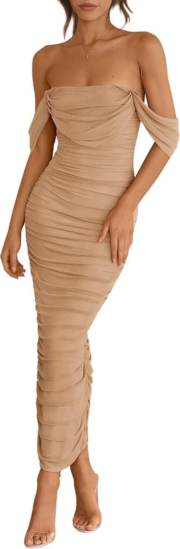 PRETTYGARDEN Womens 2025 Summer Off The Shoulder Dress Ruched Bodycon Sleeveless Split Cocktail Party Maxi Dresses (XX-Large, Khaki)