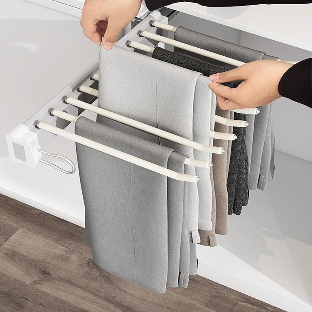 Pull Out Wardrobe Trousers Rack, 10 Arms Extendable Space Saving Pants Hanger Bar Clothes Organizers for Pants Towel Scartf Tie Storage, 17.91x13.62in, Universal Left Right Installation