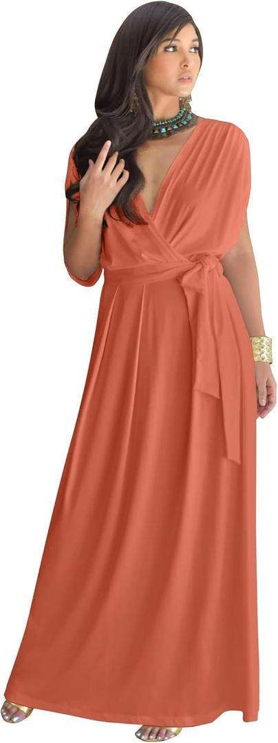 KOH KOH 2025 Sexy Sleeveless Summer Formal Flowy Casual Gown (Coral / Peach)