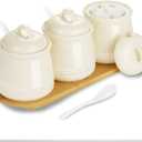 HAOTOP Porcelain Condiment Jar 3 Pack Set with Tray, 12 Ounces Beige