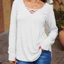 Tankaneo Womens Long Sleeve V Neck Shirts Loose Fit Casual Tunic Tops Curved Hem Criss Cross with Thumb Hole T Shirt White (White)