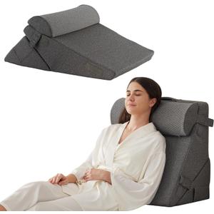 Bedluxe 3Pcs Orthopedic Bed Wedge Pillow Set, Foam Wedge Pillow Post Surgery for Back, Leg and Knee Support, Adjustable 9&12 Inch Folding Triangle Pillow for Sleeping, Acid Reflux, Snoring, Dark Grey, Adjustable 9&12 Inch + 1 Head Pillow