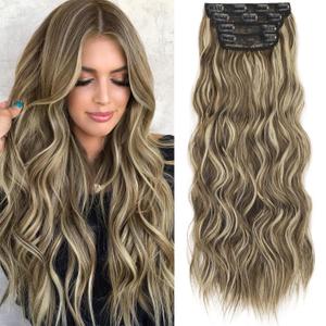 Reecho Clip in Synthetic Highlight Hair Extensions Long Wavy 4PCS Thick Hairpieces Medium Brown Ash Blonde Fiber Double Weft Natural 24 Inch for Women