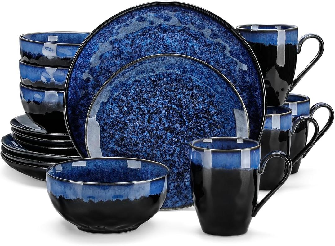 vancasso Starry 16 Pieces Dinnerware Set for 4, Reactive Glaze Blue Stoneware Plates and Bowls Set, Dishes Set with Mugs for 4, Microwave & Dishwasher Safe
