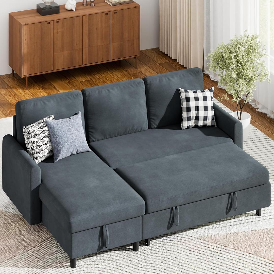 Sofa Couch, Sofa Bed- 2 in 1 Pull Out Couch Bed with Storage Chaise for Living Room, Sectional Sofa Couch Grey