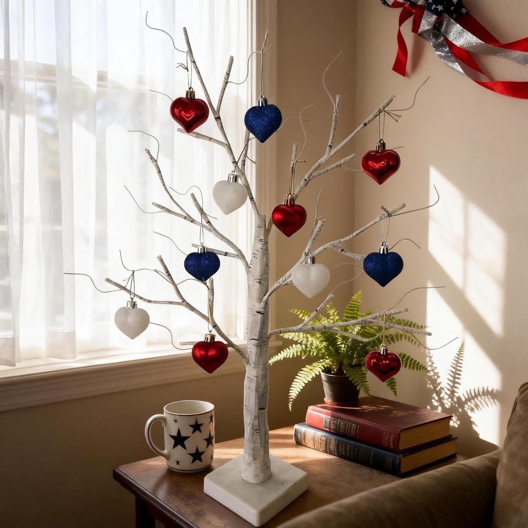 HipTree Mini Patriotic 4th of July Tree Ornaments Decorations,12ct 1.57Inch Red White Blue Heart Shaped Baubles for Memorial Day, Independence Day,Veterans Day, Flag Day,American Party Decorations