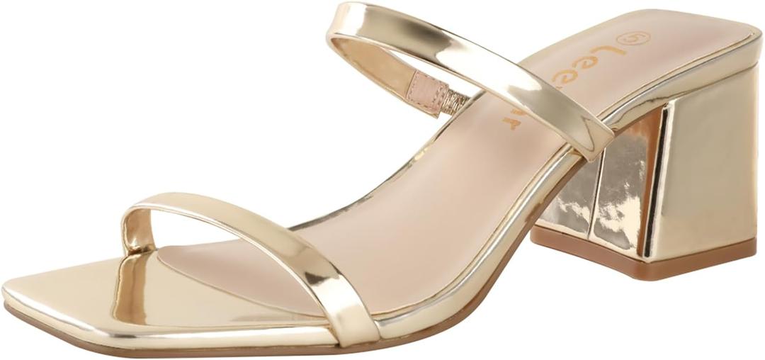 Square Toe Heeled Sandals for Women - Women's Low Block Heels Sandals - 2.25IN Open Toe Ankle Strap Chunky Heels - Slip on Heeled Sandal Mule- Nude Black Strappy Heels for Party Wedding Dress Shoes (Gold Pu)