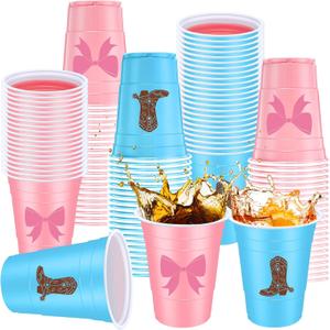 Qinyoung 60pcs Boots and Bows Gender Reveal Party Supplies 16 oz Boots or Bows Cups Pink and Blue Plastic Disposable Cups Western Gender Reveal Decorations for Baby Shower Party Beverage Drink