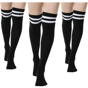 Thigh-High Socks | Womens Striped Cotton Thigh High Tube Sock | Over Knee Boot Socks (Black) 5-11, Black W White Stripes