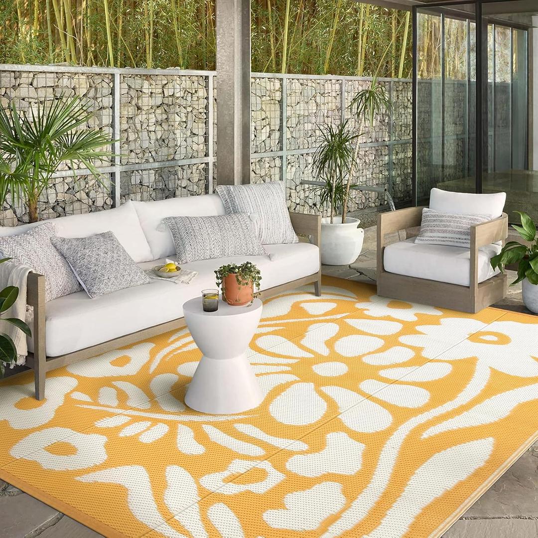 Wonnitar Outdoor Rugs 8x10,Waterproof Large Plastic Outdoor Patio Rug Clearance, Reversible Outside Portable Camping Mat, Abstract Floral Lightweight Carpet for Balcony Beach RV Camper (Orange, 8'x10')