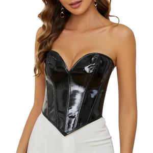 TRIWORKS Strapless Corset Top Women Patent PU Leather Corset Top Lace-up Body shaper Steampunk Zipper Bustier Vest (X-Small)