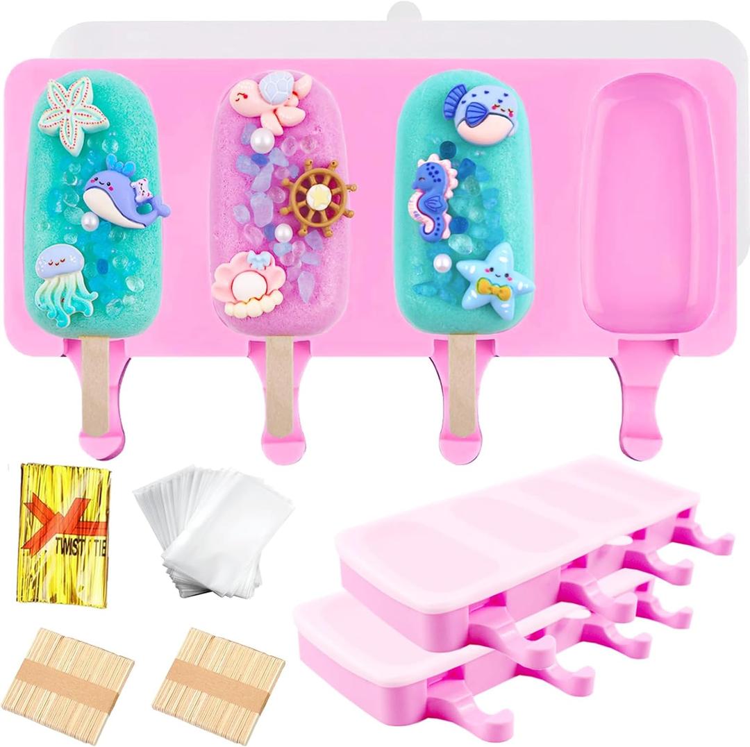3pcs Large Silicone Popsicle Molds with Lids,4 Cavities Cake Pop Molds,Oval Ice Cream Bar Mold Ice Pop Cakesicle Molds Silicone with 100 Wooden Sticks & 100 Bags &100 Twist Ties(Pink)