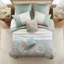 510 DESIGN Luxe Quilted Queen Comforter Set with Bed Skirt, 8pc, Scrollwork Seafoam