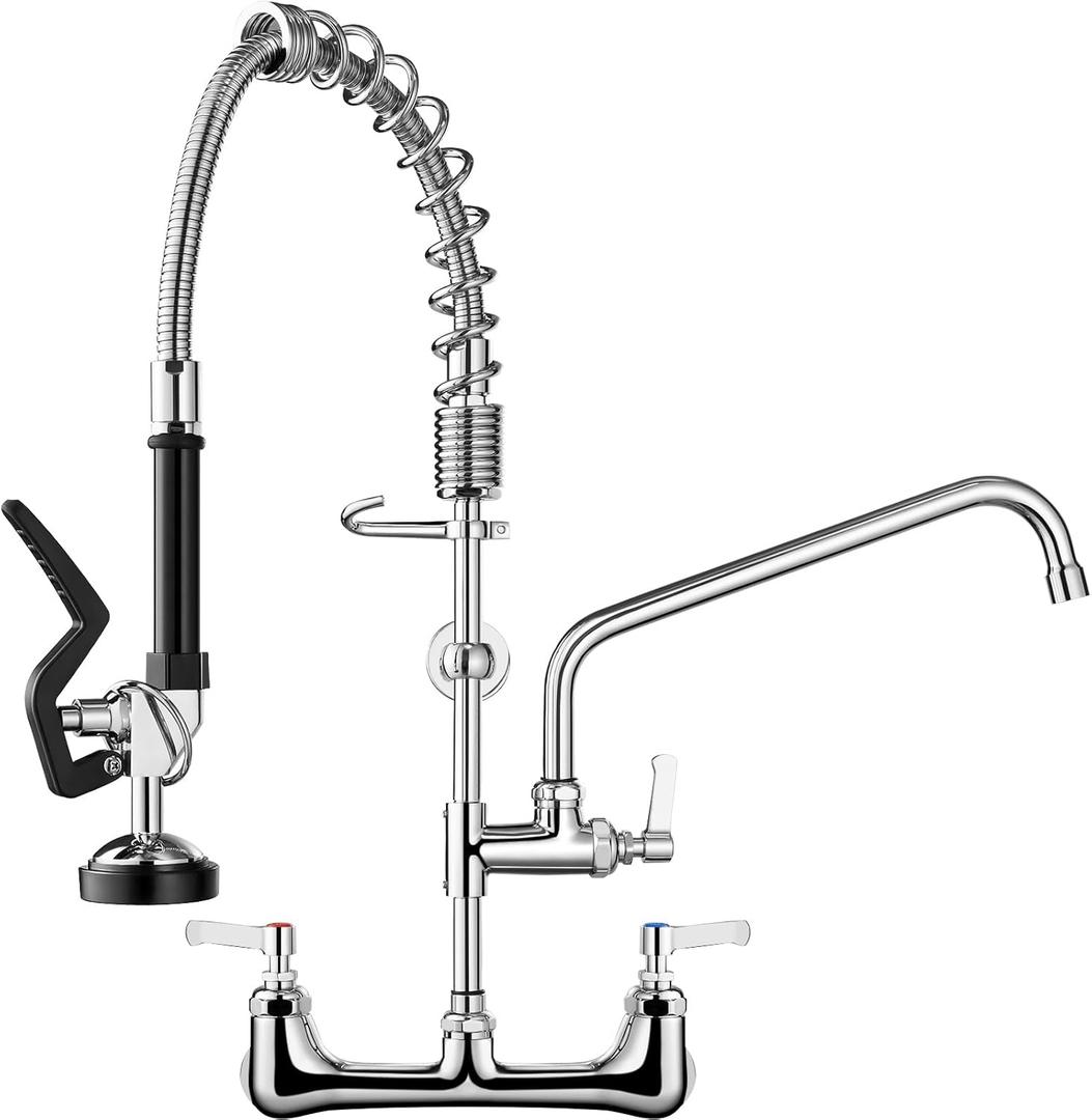 HGN Commercial Kitchen Sink Faucet 25 Inches Height Center Brass Constructed Wall Mounted with Coilded Spring Pull Down Sprayer, 12 Inches Spout