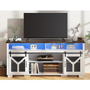 Farmhouse TV Stand for 55 65 75 Inch TVs, Entertainment Center with LED Light, Storage Cabinets, Sliding Barn Doors and Adjustable Shelf, Media TV Console TV Stand Table for Living Room (White)