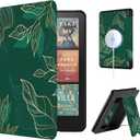 CoBak Lightweight Stand Case for 7" Kindle Paperwhite 12th Gen 2024 and Kindle Colorsoft with Right Hand Strap - Compatible with iPhone MagSafe, for Samsung/Belkin/Anker Wireless Charging Pads (Green pattern)