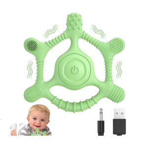 Vibrating Teether for Baby | Sensory Toys for Kids with Autism | Toddler Travel Essential Teething Toys for Babies 618 Months, USB Chargeable & 3X Gentle Vibration Settings (Green)