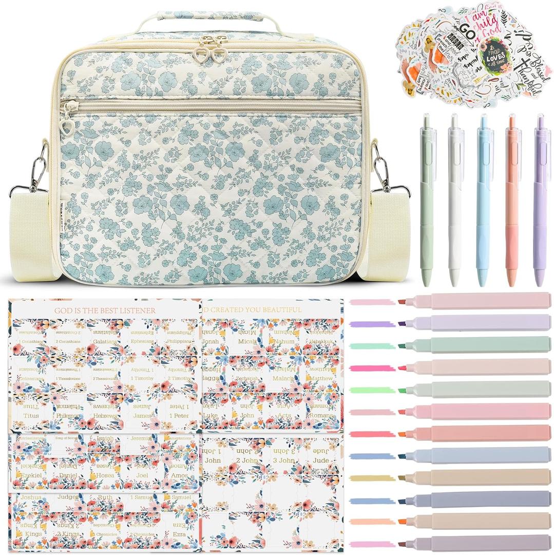 Bible Cover Case for Women,Large Quilted Bible Bag with Study Supplies,Stylish Church Bag Bible Journaling Kit,Mothers Day Christian Gifts for Women (Blue Small Floral, M)