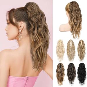 LONAI Ponytail Extension, 18" Wavy Claw Clip Ponytail Extensions ZJ001 Shoulder Length Curly Wavy Claw Clip in Ponytail Hair Extensions Synthetic Fake Pony tails Hairpieces-Ash Brown